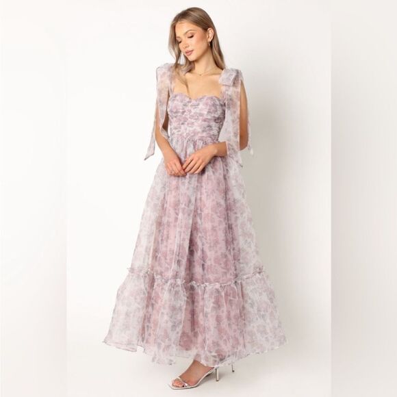 Petal & Pup Floral Lavender Grey Chiffon Maxi Dress Size M C49 - Picture 1 of 8